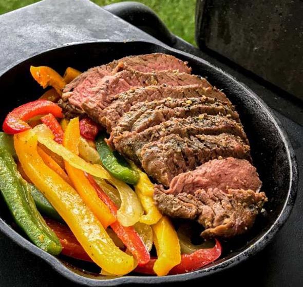 tri-tip steaks in a skillet